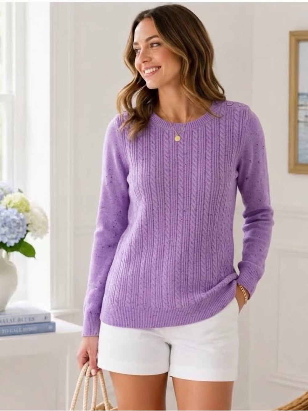 Talbots Tweed Cable Knit Crewneck Sweater in New Winter Plum Tweed